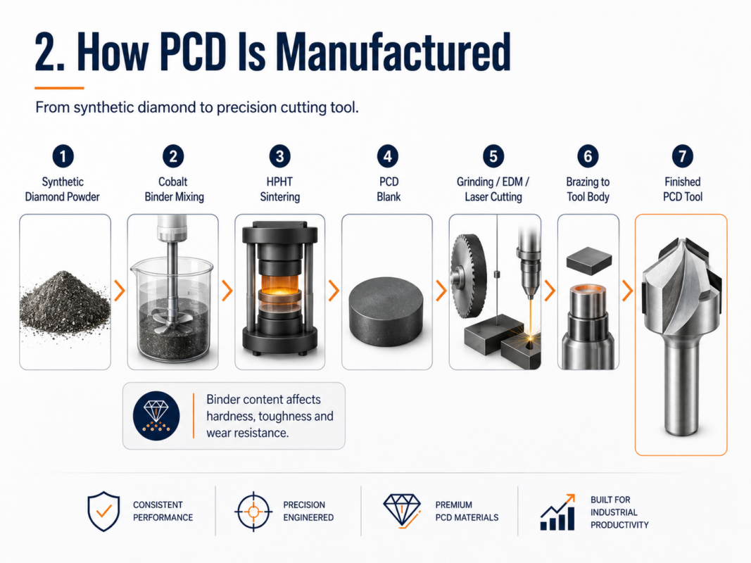 PCD tool manufacturing flow chart showing HPHT sintering grinding and brazing process